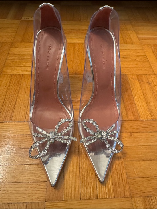 Amina Muaddi Shoes - Amina Muaddi Clear PVC Pointed Pumps with Crystal Bow & Silver Trim